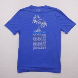 Under Armour Shirt Mens Medium Blue Paradise Basketball Palm Tree Loose HeatGear